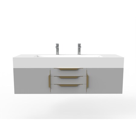 Castello Usa Nile 60" Wall Mounted Gray Vanity With White Top And Gold Handles CB-MC-60G-GLD-2053-WH